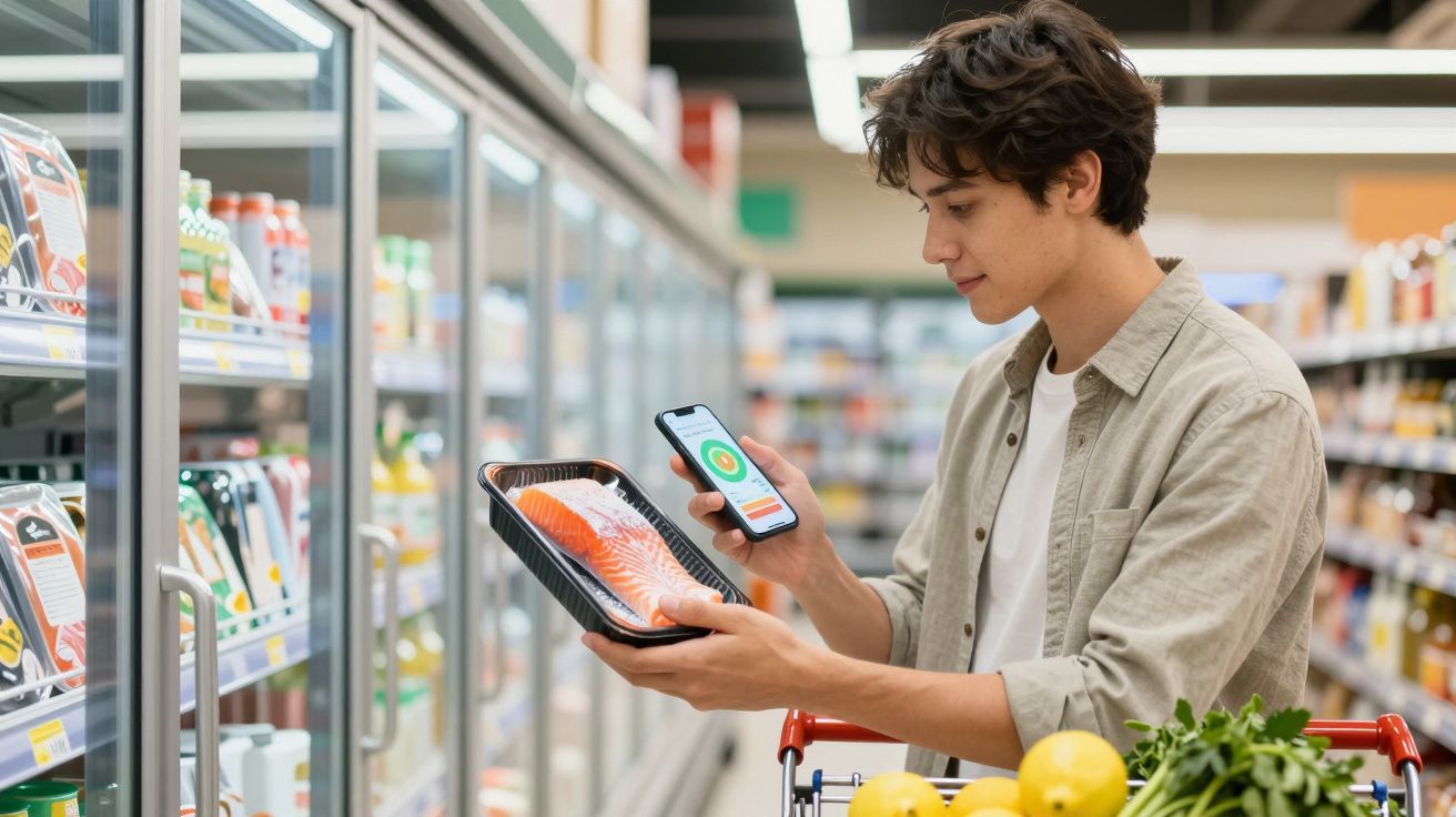 Jovem num supermercado a comparar embalagem de salmão com informação na aplicação do telemóvel.