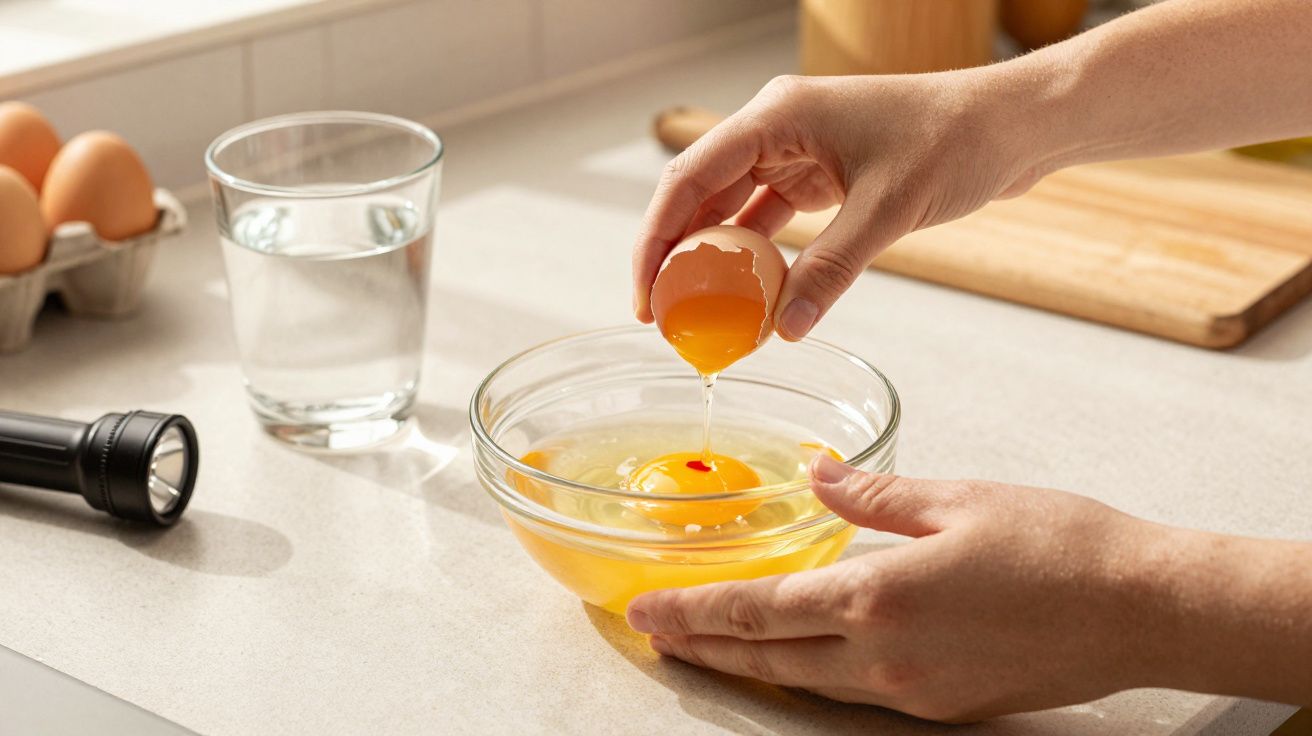 Mãos a partir um ovo numa taça de vidro numa bancada de cozinha com prato de ovos e copo de água ao lado.