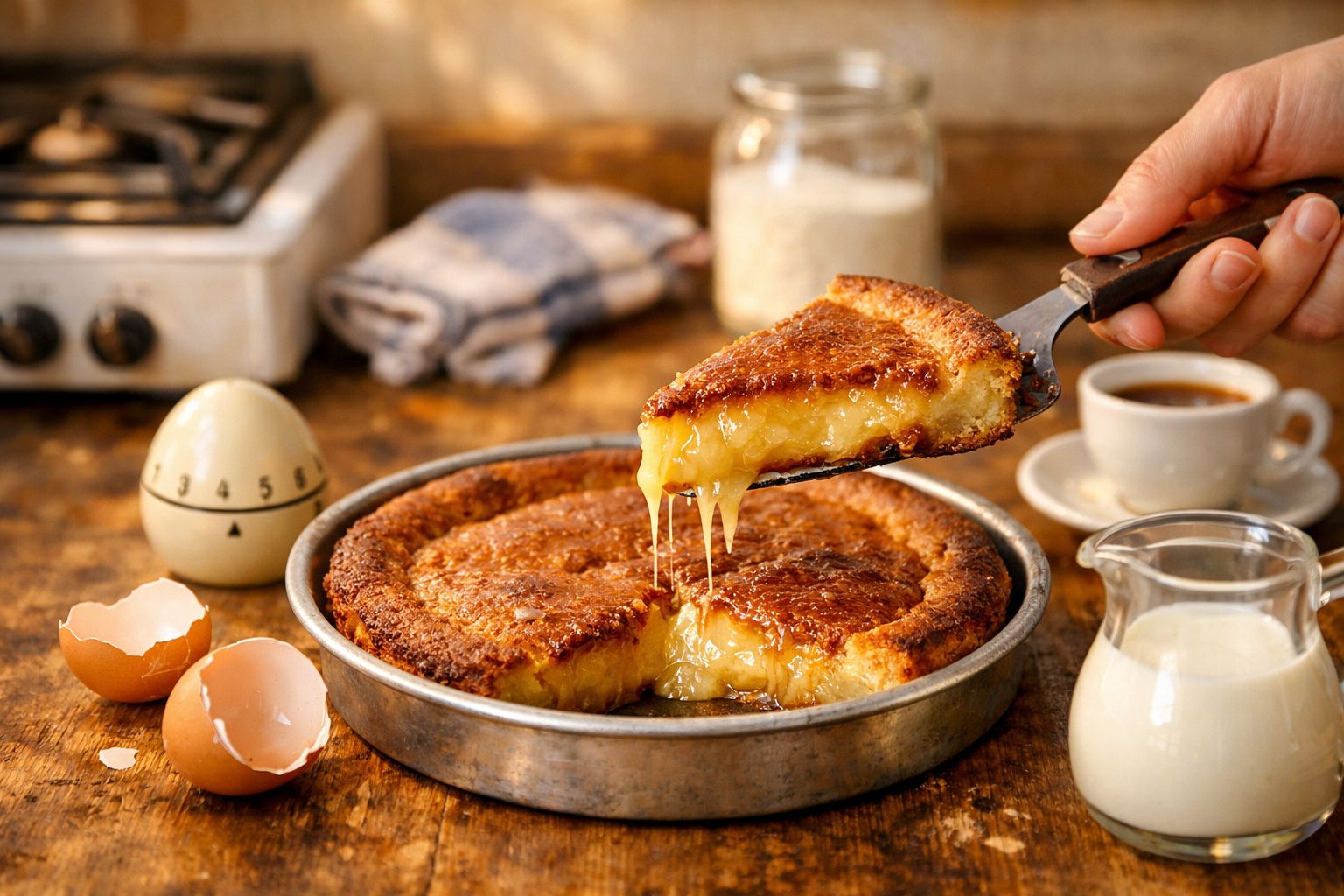 Fatia de tarte com recheio cremoso a ser retirada de formaira, com ovos partidos e chávena de café ao lado.