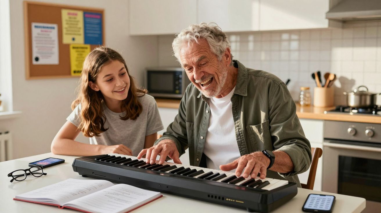 Homem idoso sorridente a tocar teclado elétrico com menina jovem a observá-lo numa cozinha iluminada.
