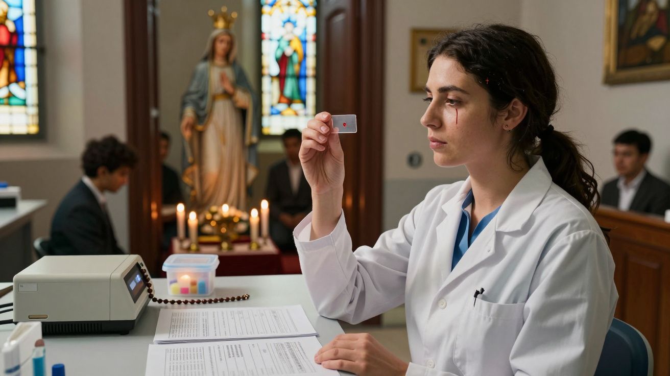 Mulher de bata branca analisa lâmina de sangue numa sala com estátua religiosa e pessoas ao fundo.