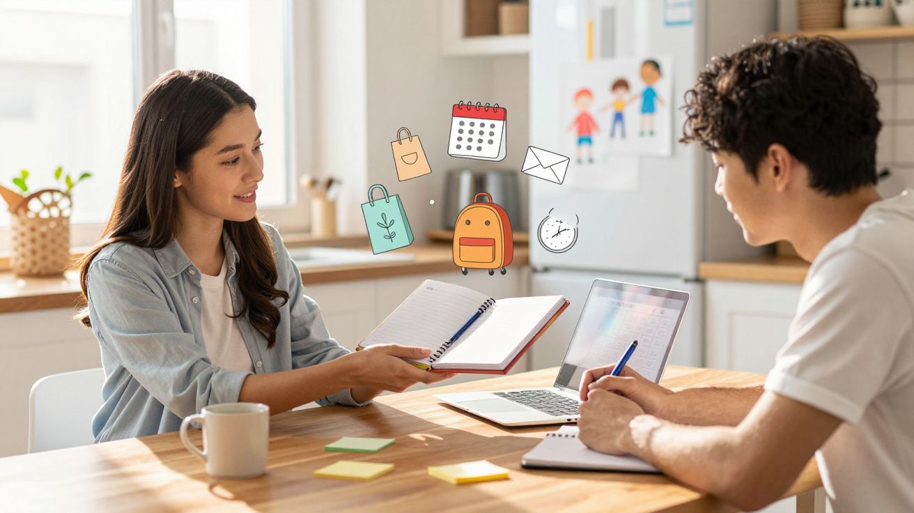 Dois jovens sentados à mesa a estudar com cadernos, computador portátil e ícones digitais de organização à frente.