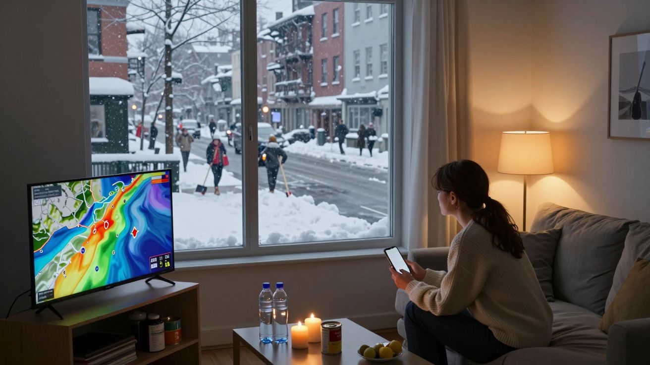 Pessoa sentada no sofá a ver previsão do tempo na televisão, com cenário de neve na rua vista pela janela.