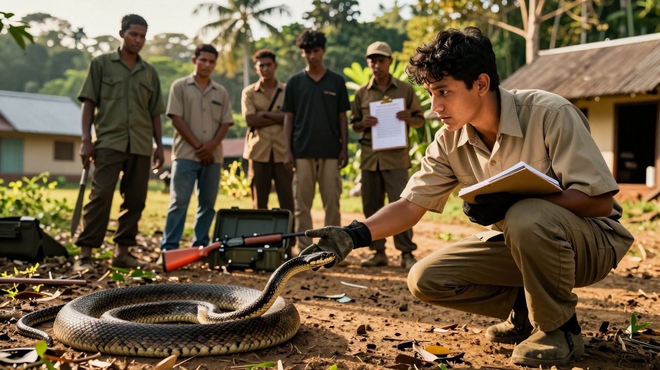 Jovem a estudar uma cobra no chão enquanto outros observam num ambiente exterior tropical.