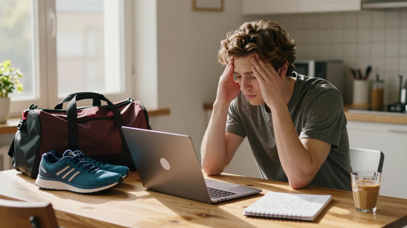 Homem preocupado a olhar para portátil numa mesa com sacola, ténis, caderno e bebida.