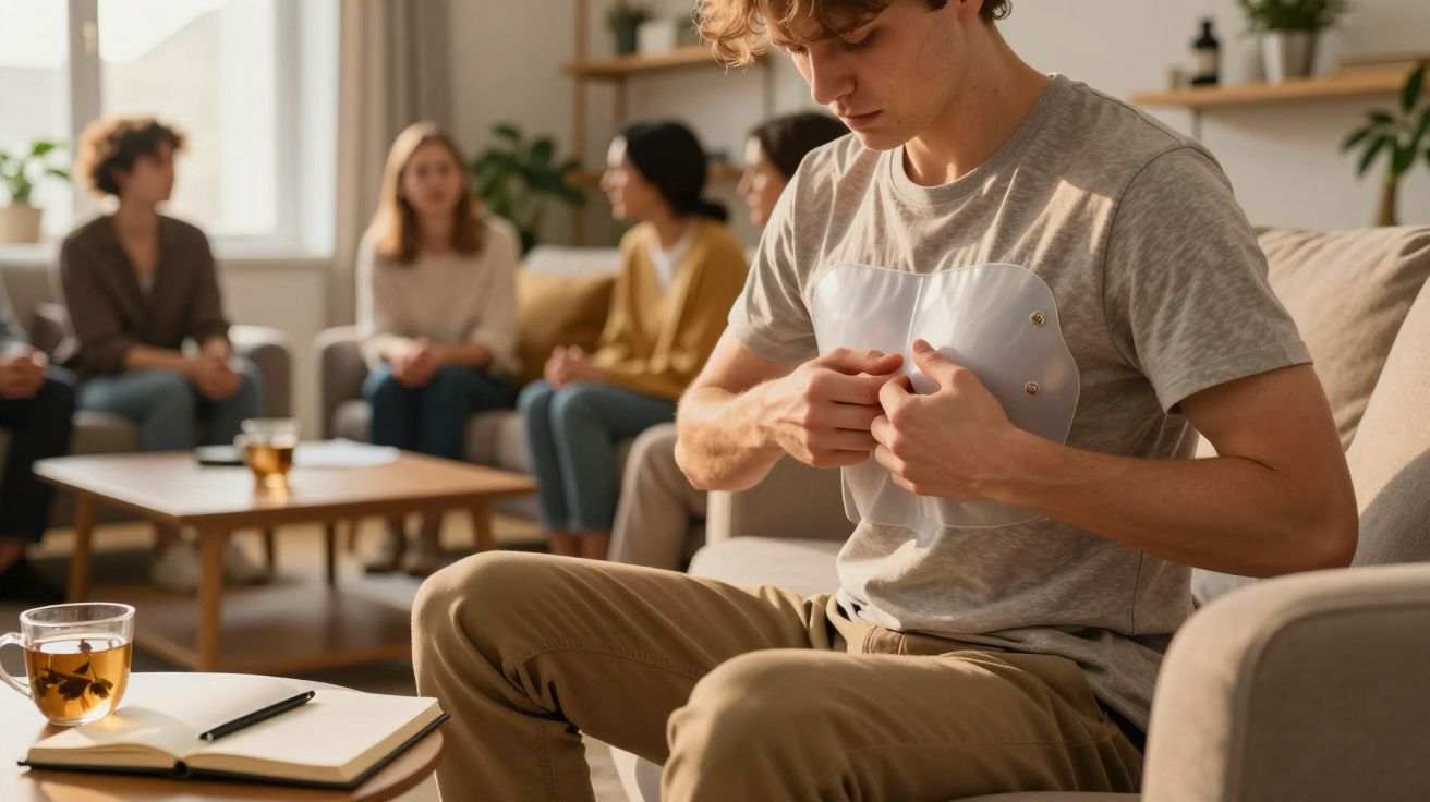 Jovem a praticar respiração com dispositivo, grupo conversa em sessão de terapia em fundo desfocado.