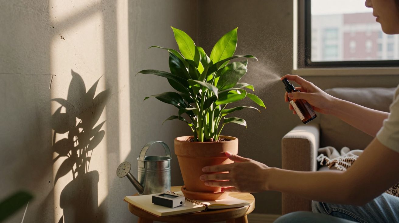 Pessoa a pulverizar planta verde em vaso de barro num ambiente interior com luz natural.