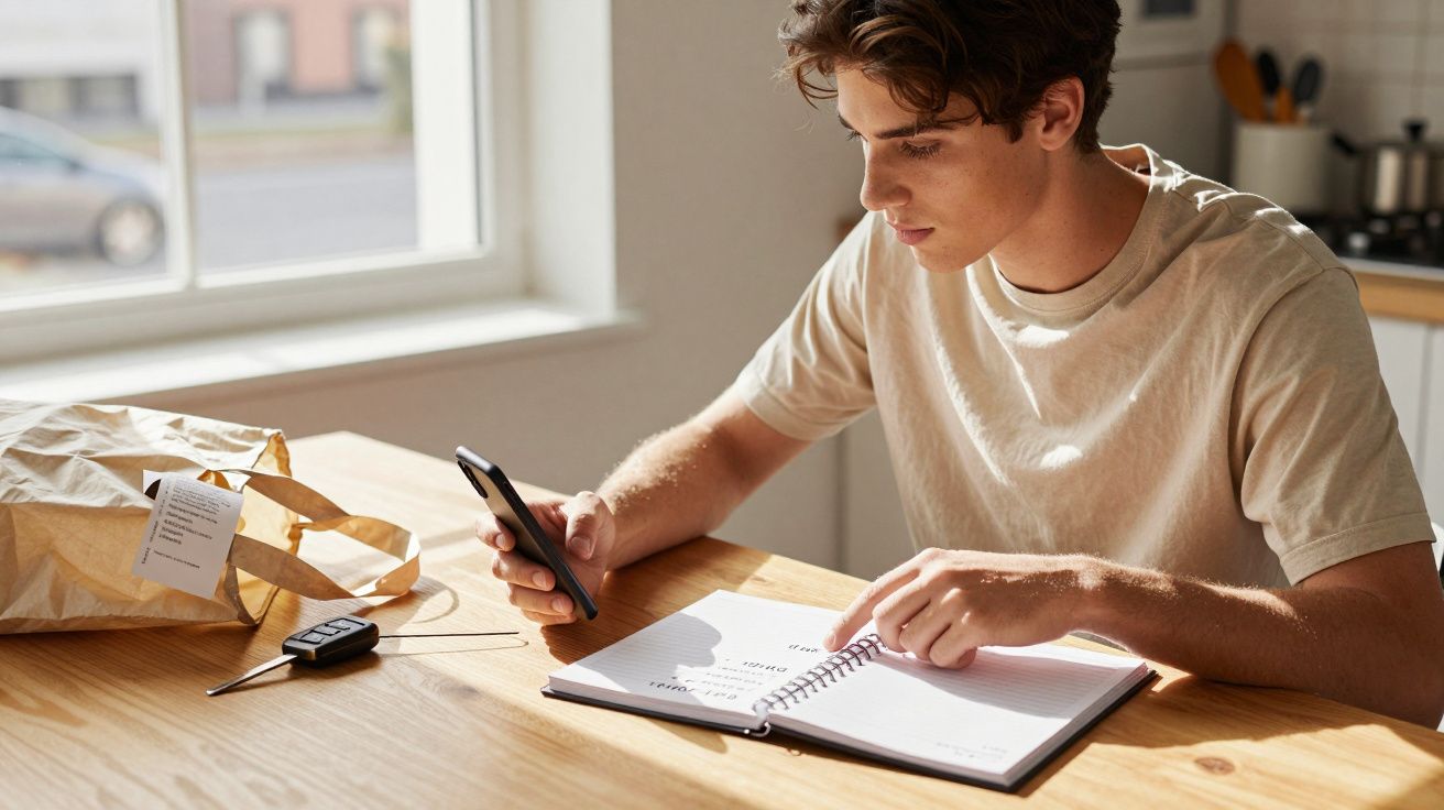 Jovem sentado numa mesa a consultar smartphone e agenda, com luz natural a entrar pela janela.