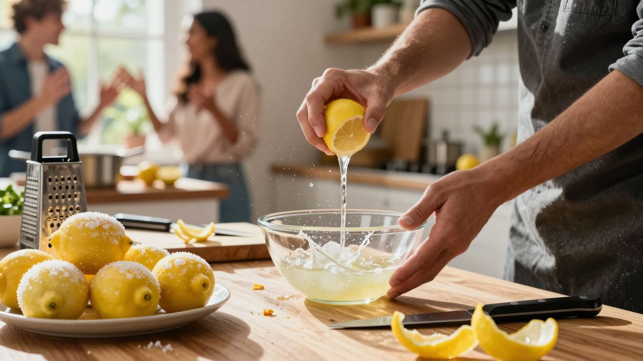 Pessoa a espremer limão numa taça numa cozinha com pessoas ao fundo a conversar.