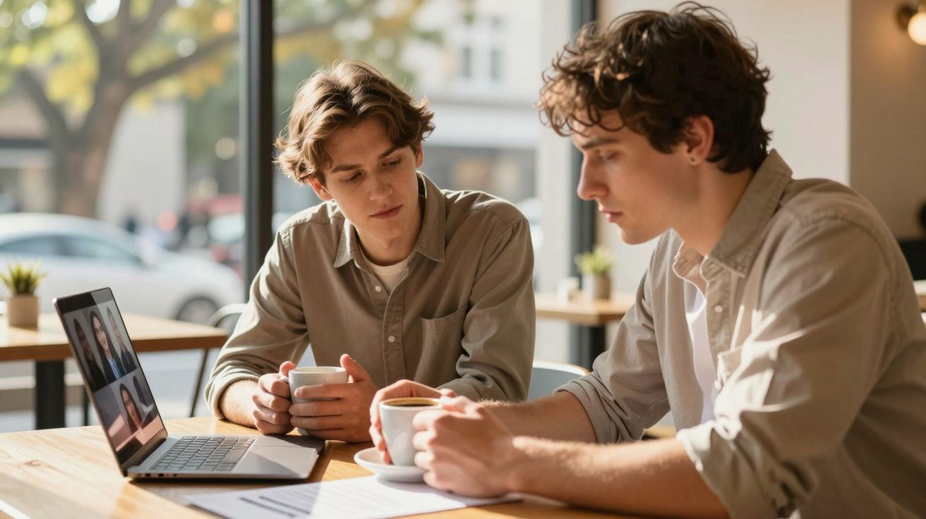 Dois jovens sentados a conversar e a tomar café numa mesa com um portátil aberto ao lado.