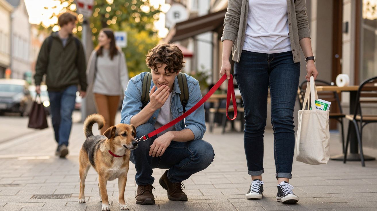 Jovem agachado a acariciar cão na rua, enquanto outra pessoa segura a trela e um saco de compras.