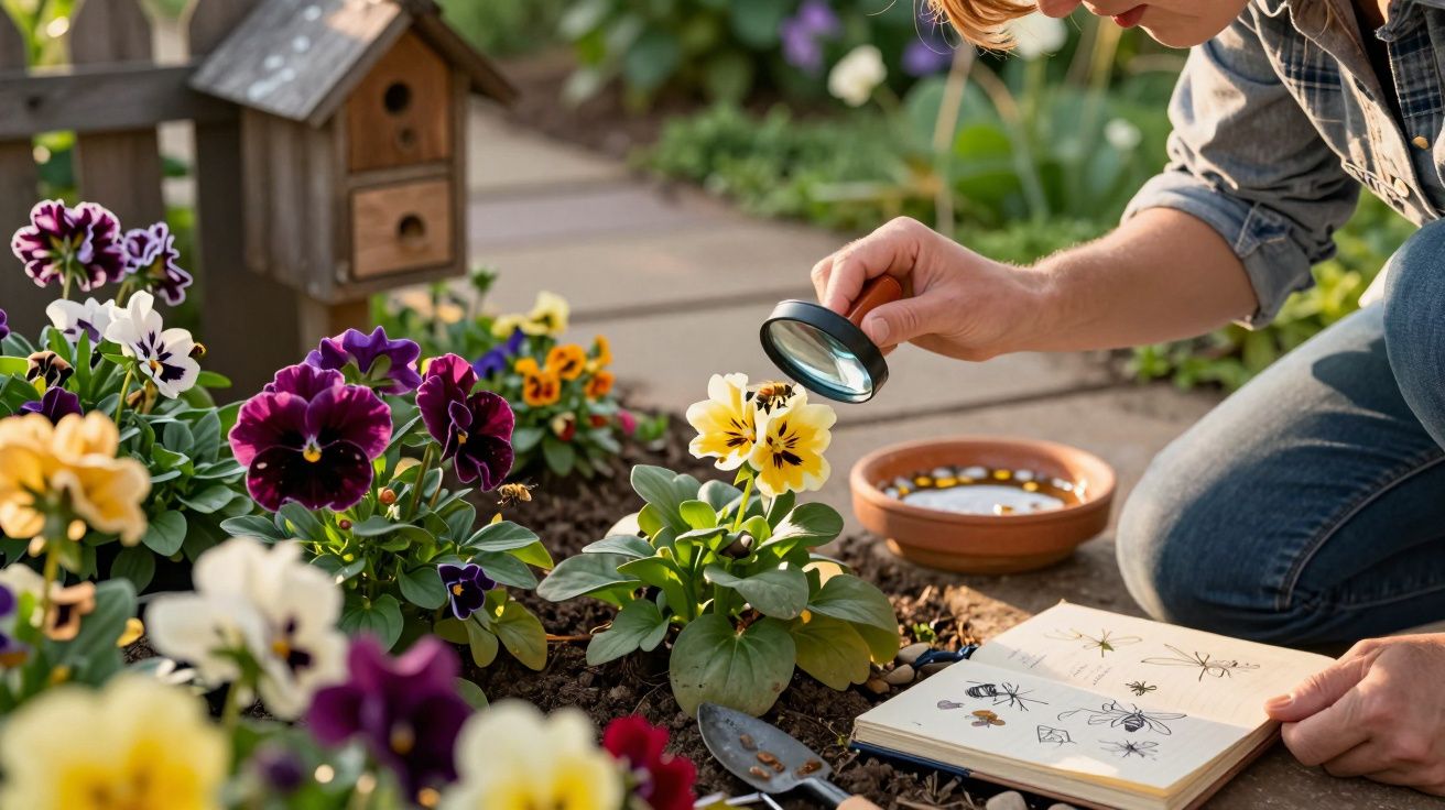 Pessoa a observar uma flor amarela num jardim com uma lupa, ao lado de um caderno aberto com desenhos de insetos.