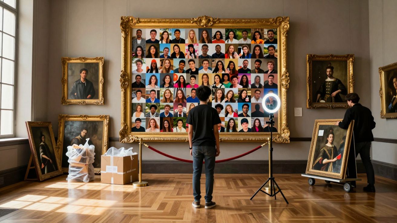 Interior de museu com várias pinturas clássicas e um quadro grande com múltiplos retratos contemporâneos.