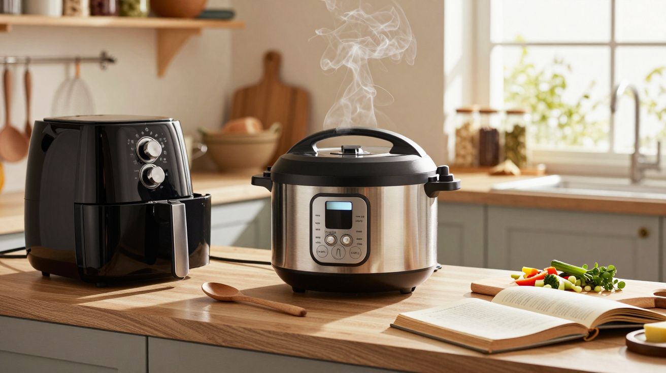 Panela elétrica a libertar vapor ao lado de uma fritadeira sem óleo numa cozinha iluminada.