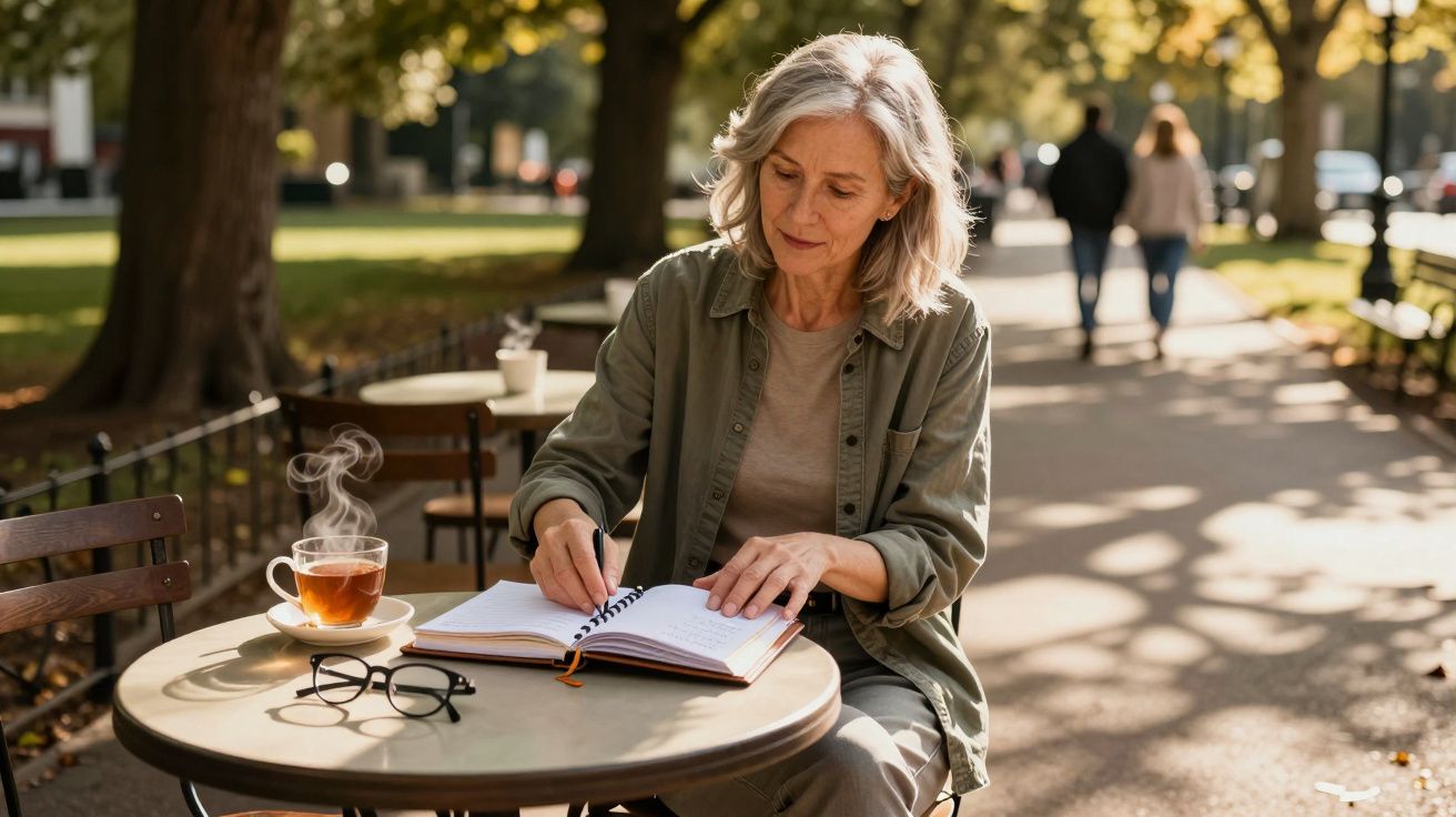 Mulher adulta com cabelo grisalho sentada numa esplanada a escrever num caderno com chá quente ao lado.