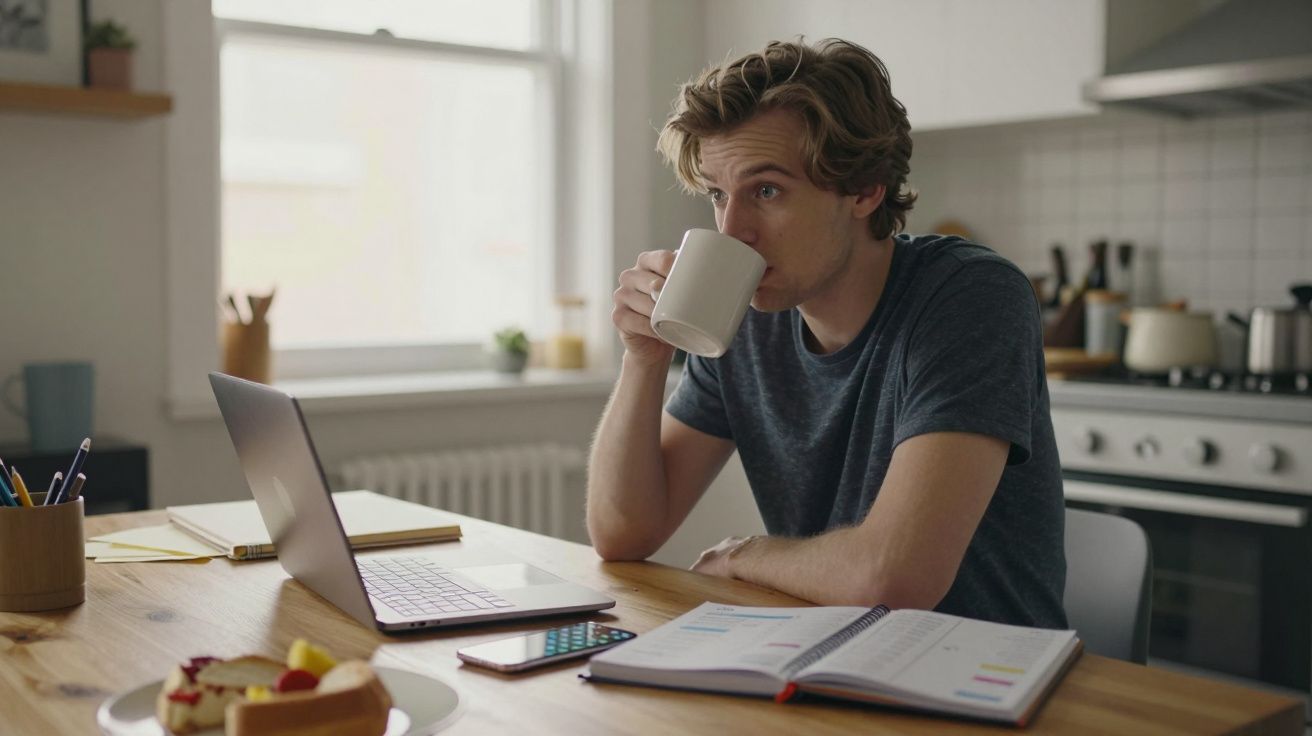Homem sentado à mesa em cozinha, a beber de uma caneca e a olhar para computador portátil aberto.