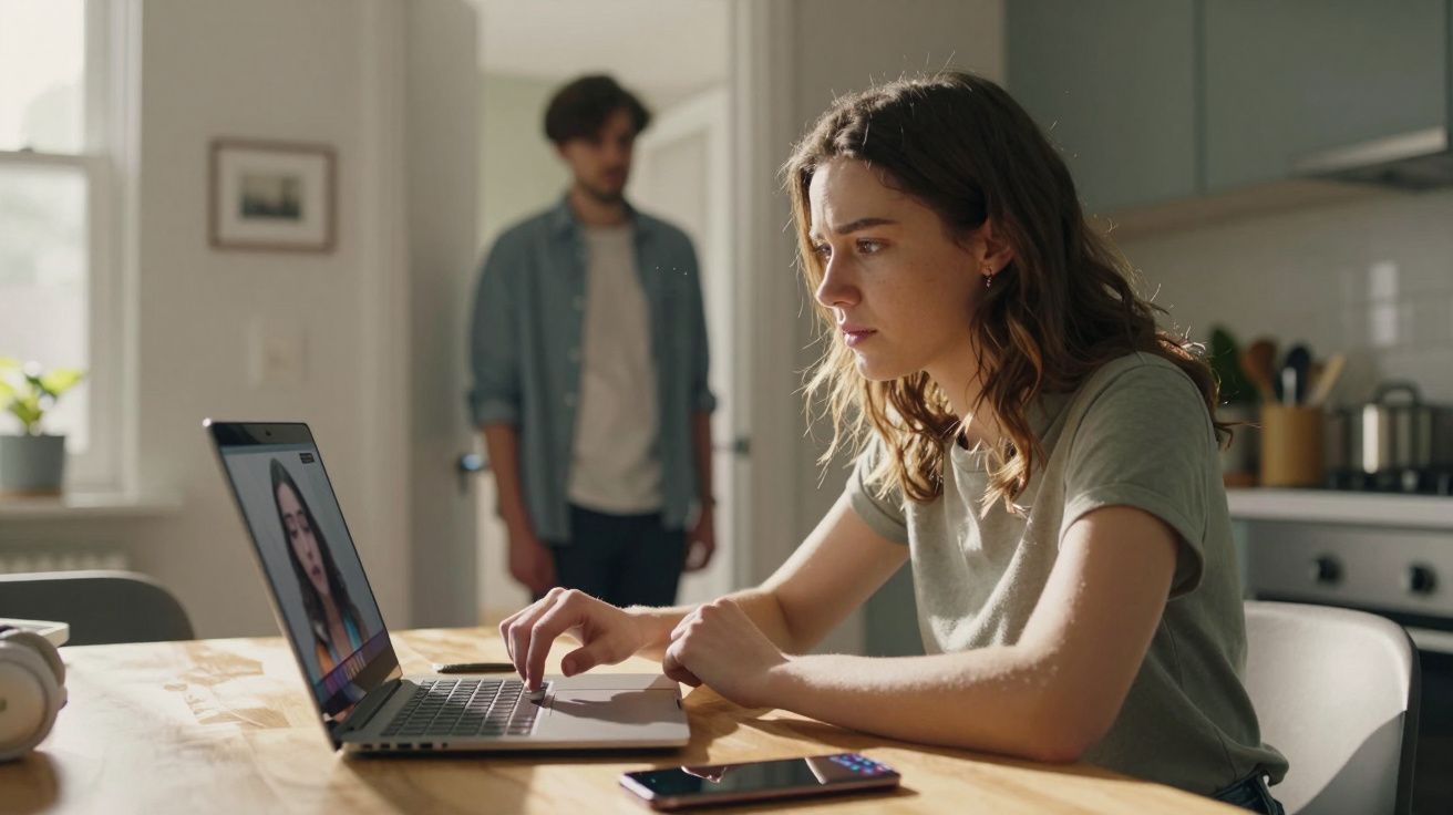 Mulher concentrada a usar portátil numa mesa de cozinha, com homem ao fundo de pé na porta.