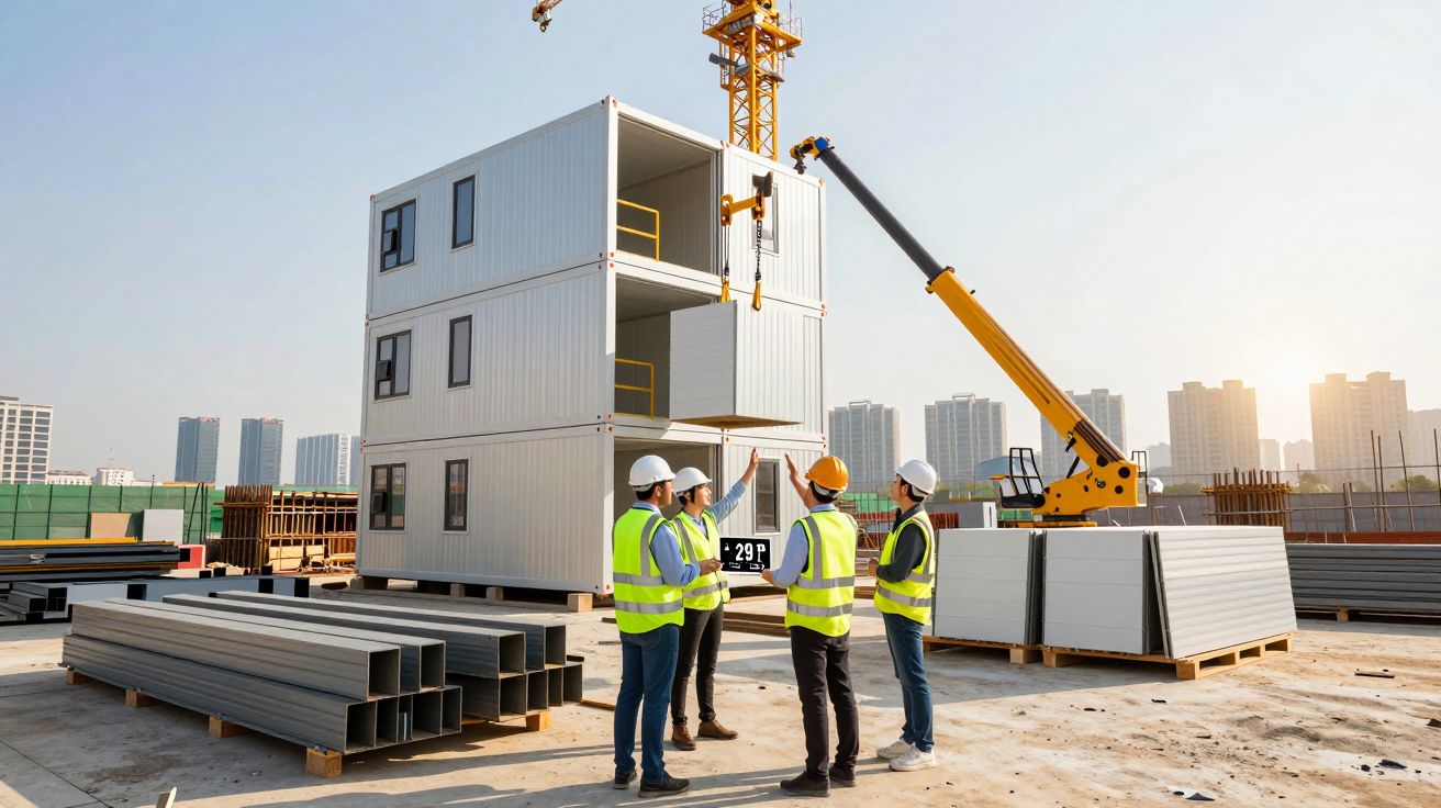 Quatro trabalhadores com coletes e capacetes discutem em obra com módulos de construção pré-fabricados e guindaste.