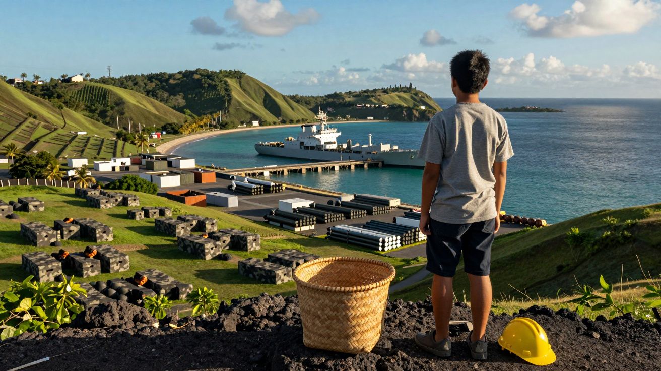 Criança a observar uma baía com cais, navio, tubagens e casas entre colinas verdes sob céu azul.