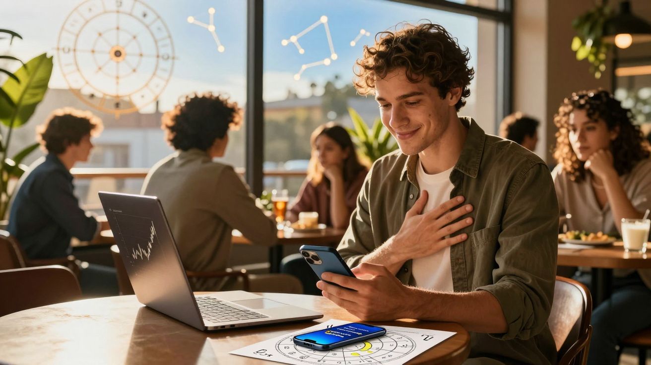 Jovem sorridente sentado num café, a olhar para o telemóvel com computador aberto e símbolos astrológicos ao fundo.