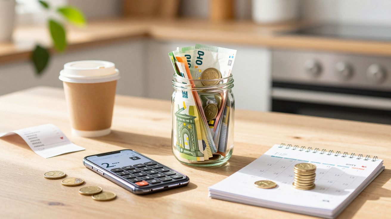 Mesa de madeira com mealheiro, calculadora no telemóvel, moedas, bloco de notas e copo de café.