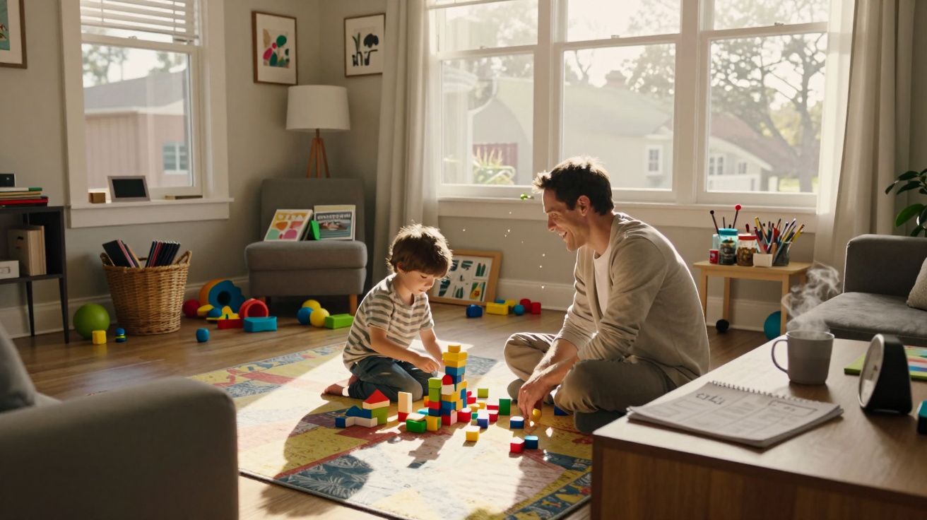 Pai e filho a brincar com blocos coloridos numa sala iluminada e acolhedora.