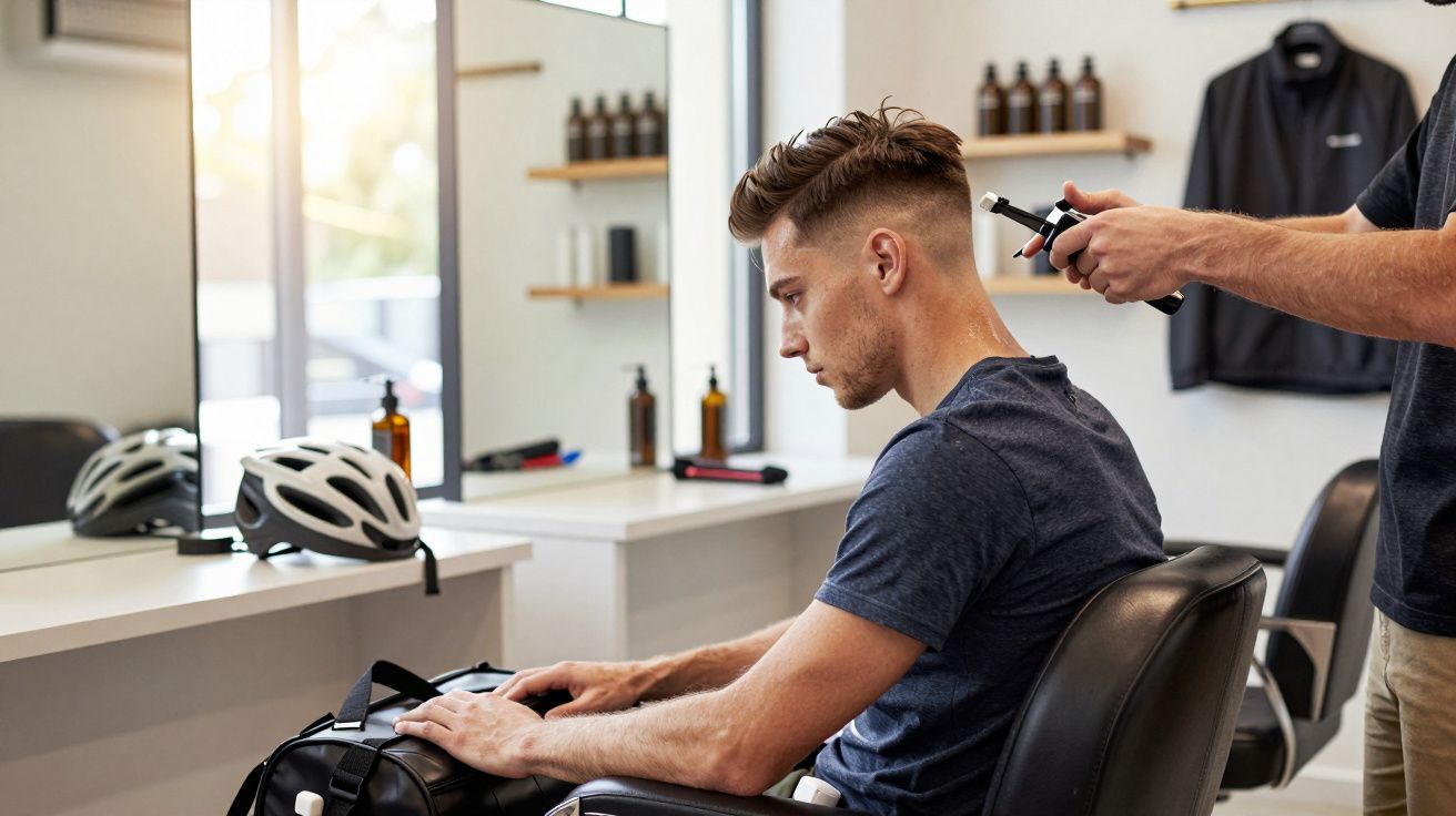 Homem sentado numa cadeira numa barbearia a receber corte de cabelo.