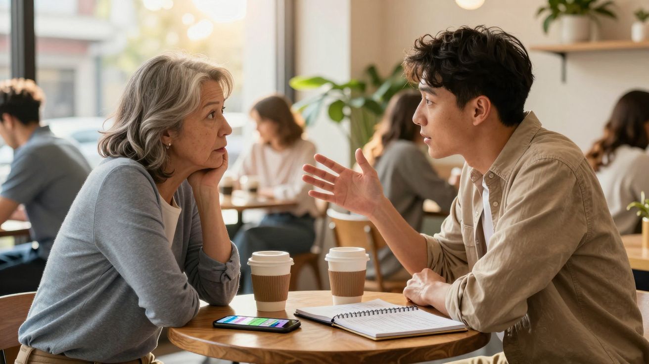 Duas pessoas sentadas à mesa num café a conversar, com cadernos e copos de café à frente.
