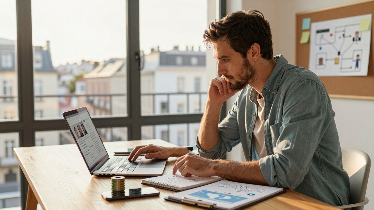 Homem concentrado a trabalhar num portátil, com cadernos e gráficos numa mesa junto a uma janela.