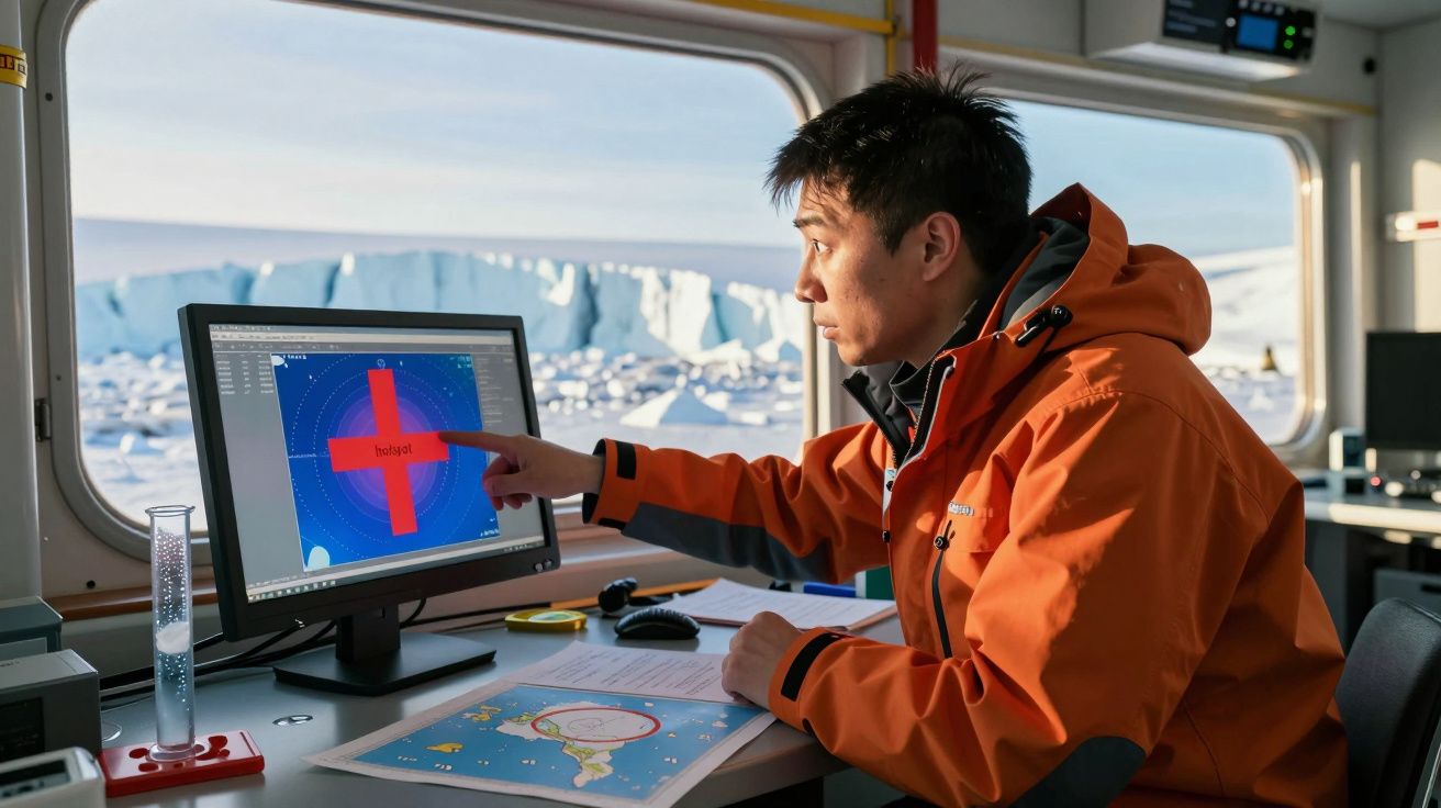 Homem de casaco laranja analisa dados no computador a bordo de um navio em ambiente polar.