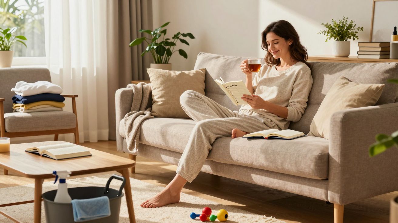 Mulher relaxa no sofá a ler um livro e a beber chá numa sala luminosa e acolhedora.