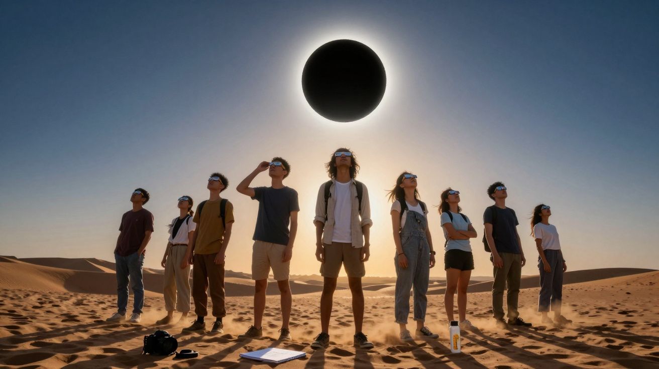 Grupo de pessoas no deserto a observar eclipse solar com óculos de proteção.