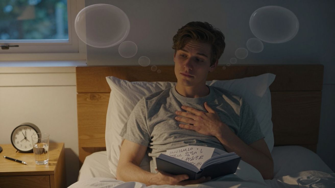 Jovem deitado na cama a ler um livro, com expressão pensativa e bolhas de pensamento acima da cabeça.