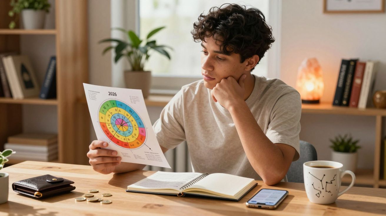Jovem sentado a analisar um gráfico colorido de 2025 com caderno aberto, telemóvel e chá numa mesa de madeira.