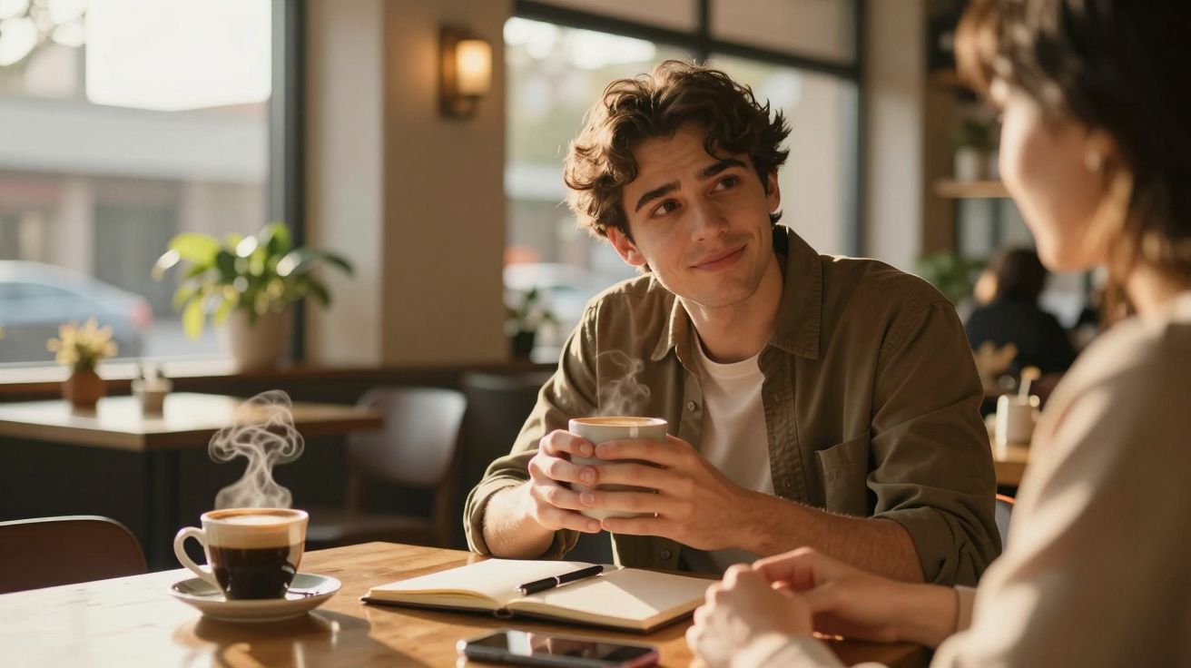 Jovem a tomar café e conversar num café luminoso, com caderno aberto e telemóvel sobre a mesa.