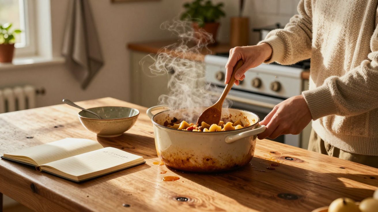 Pessoa a mexer comida fumegante numa panela na cozinha com livro de receitas aberto na mesa de madeira.