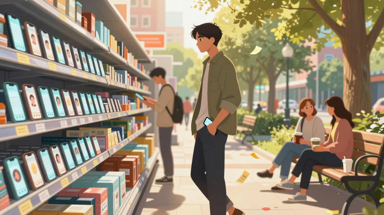 Jovem a olhar para livros numa prateleira ao ar livre, com outras pessoas a conversar num banco próximo.