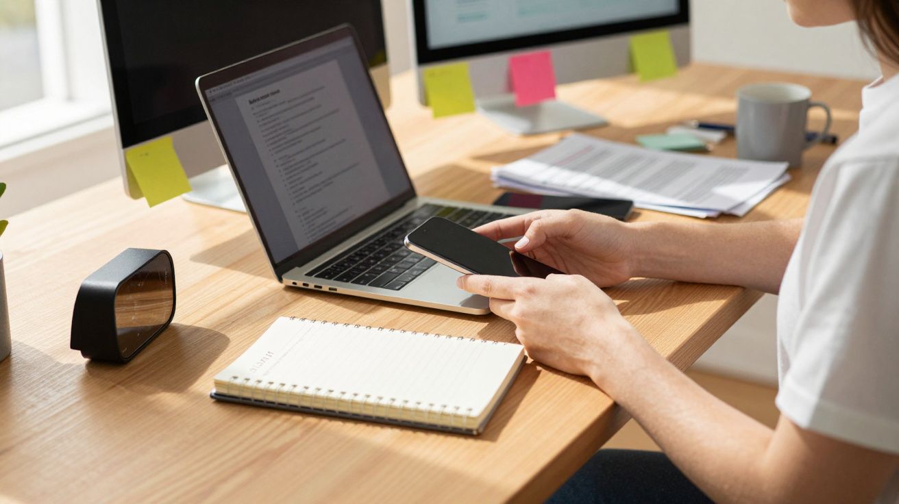 Pessoa a usar telemóvel junto a computador portátil, caderno e relógio digital numa secretária de madeira.