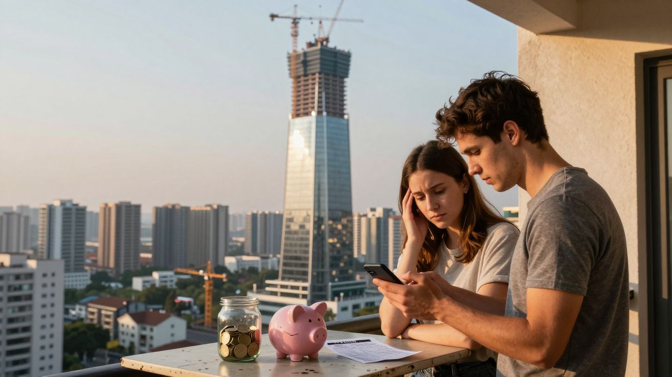 Casal preocupado com finanças no terraço de um apartamento, com cofrinho e jarro de moedas numa mesa.