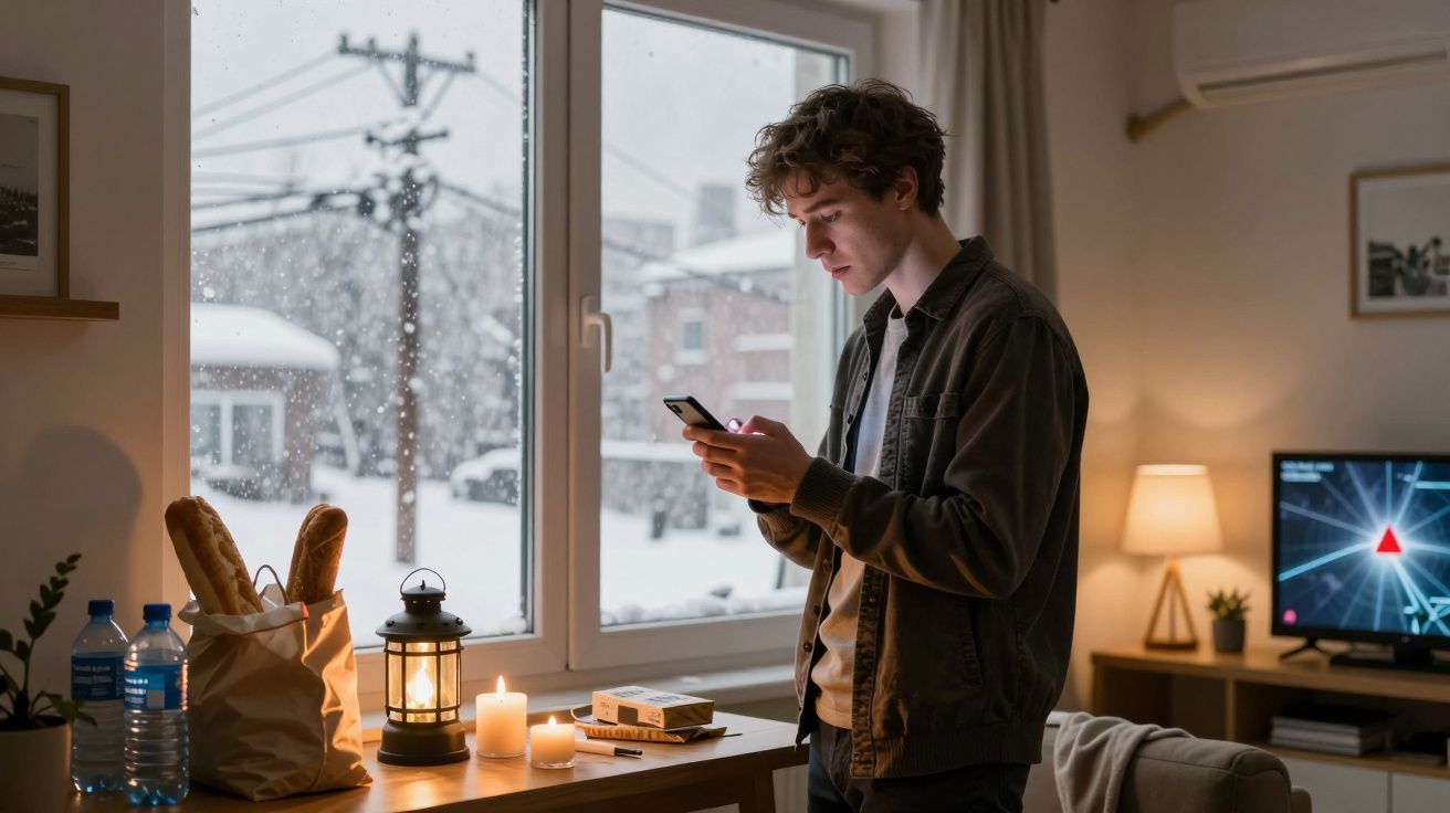 Jovem numa sala iluminada, a usar o telefone, com janela mostrando neve, velas e pão na mesa.