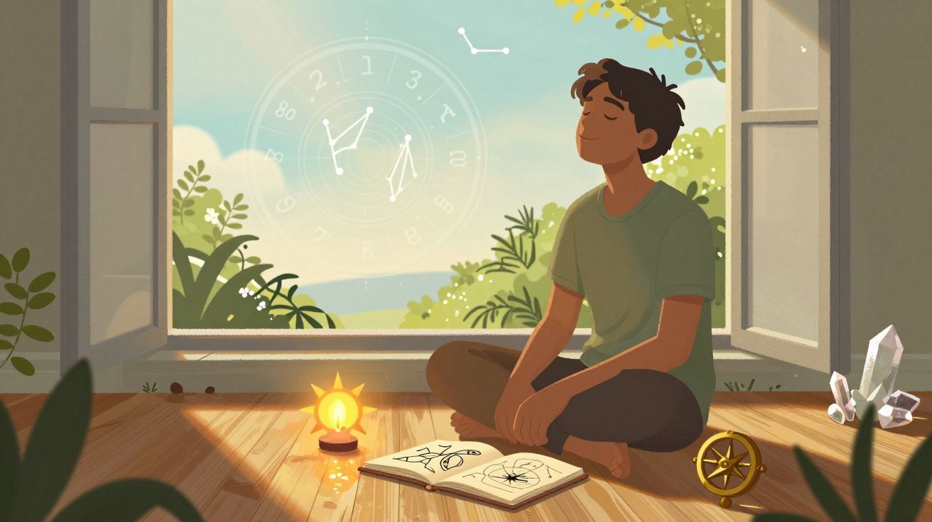 Pessoa sentada de pernas cruzadas frente a uma janela aberta, meditando com livro, cristal e bússola ao lado.