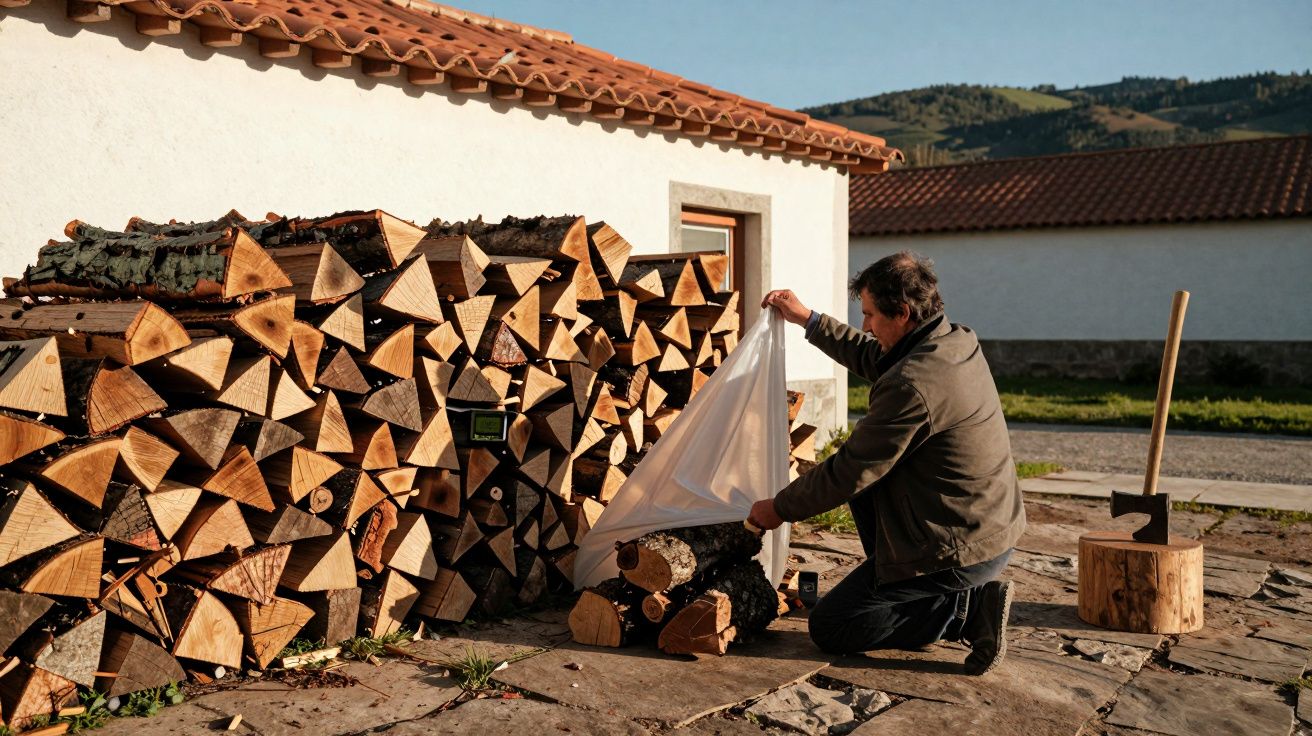 Homem a empilhar lenha junto a uma parede exterior de casa com serra e machado à vista.