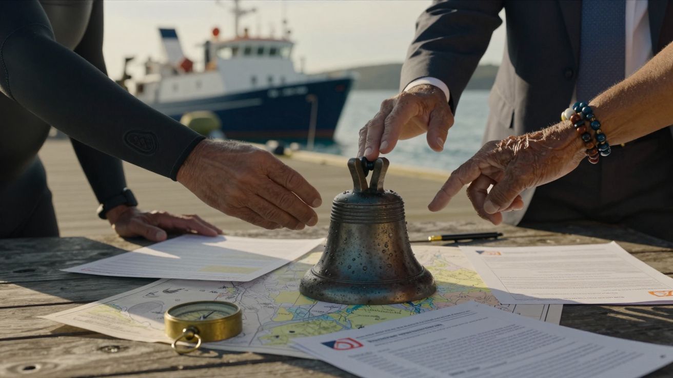 Duas pessoas junto a documentos e mapas sobre mesa de madeira, com um sino e bússola, ao ar livre perto do mar.