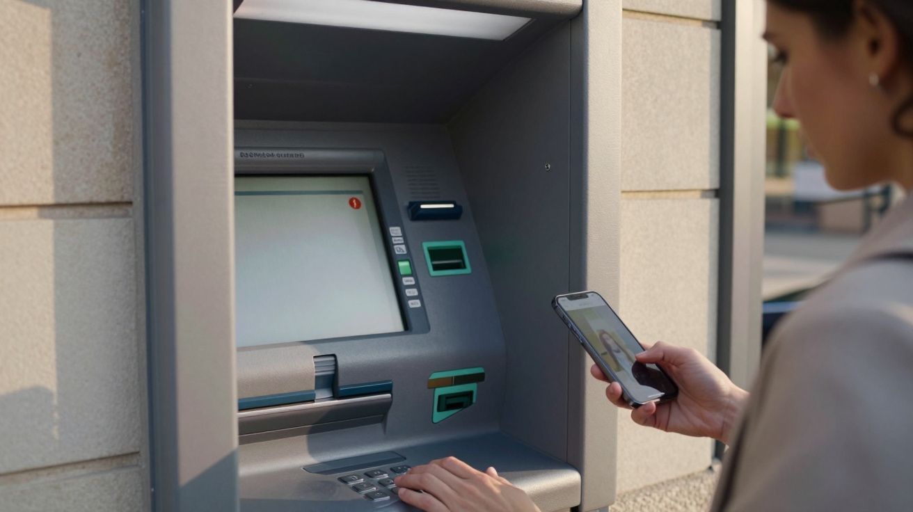 Mulher a usar um telemóvel e a operar um multibanco num caixa automático ao ar livre.