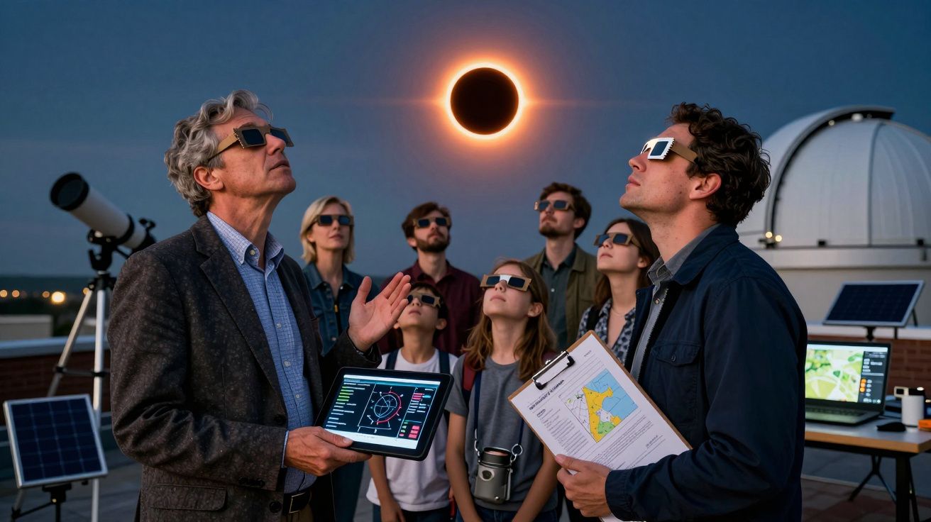 Grupo de pessoas com óculos especiais a observar eclipse solar num observatório com equipamento astronómico.
