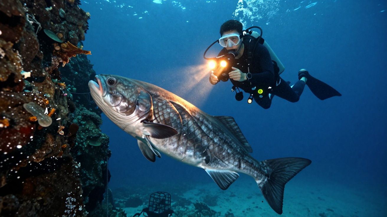 Mergulhador explora recife com lanterna focando num peixe grande e prateado junto ao fundo do mar.