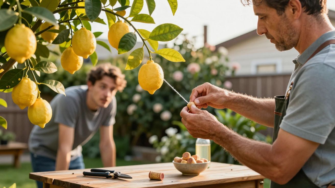 Homem a desenrolar linha com rolha à frente de mesa de madeira no jardim com limoeiros e outro homem ao fundo.