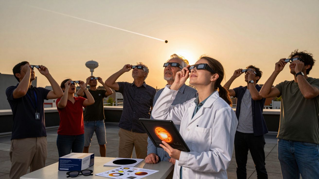 Grupo de pessoas a observar o eclipse solar com óculos especiais, com uma cientista a segurar um tablet com imagens do sol.