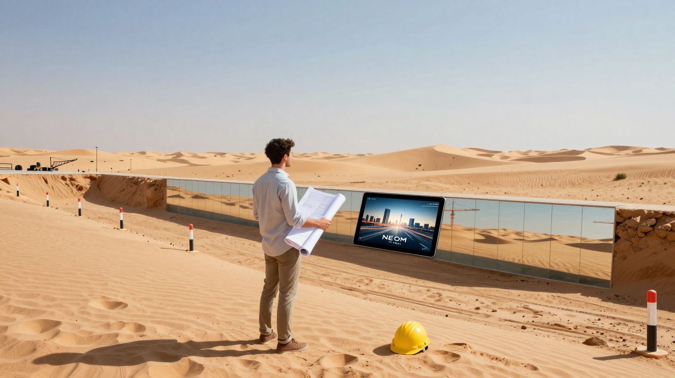 Homem com plantas na mão observa ecrã digital numa construção futurista no deserto de areia.