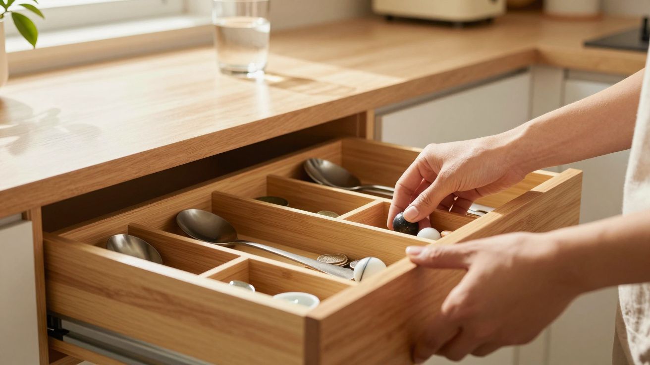 Mãos a organizar talheres e cápsulas de café numa gaveta de madeira numa cozinha iluminada.